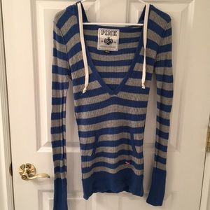 VS PINK Blue and Grey Striped Hooded Sweater